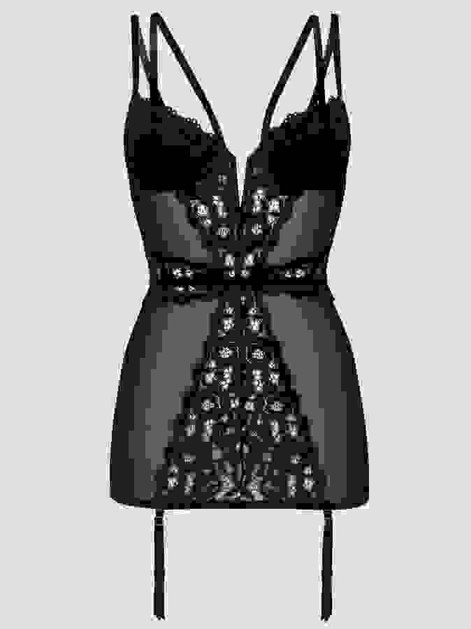 Lovehoney Plus Size Parisienne Black Lace Plunge Chemise, Black, hi-res